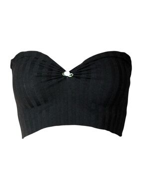 Black ribbed crop top with floral appliqué